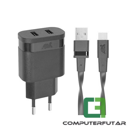 Rivacase PS 4123 BD1 fekete Hálózati töltő, 2 x USB, 3,4A, USB Type-C kábellel