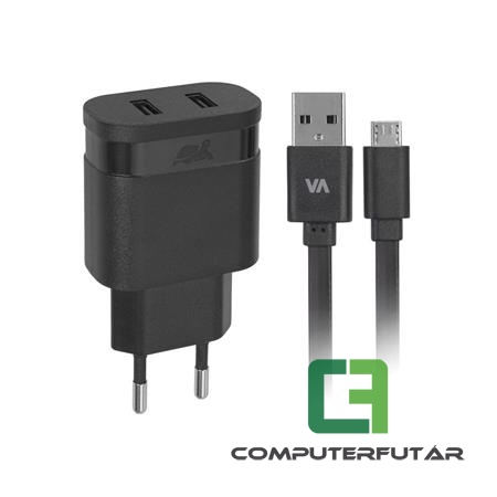 Rivacase VA 4122 BD1 fekete Hálózati töltő, 2 x USB, 2,4A, micro USB kábellel