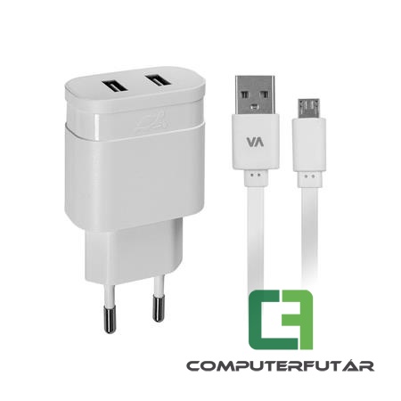 Rivacase VA 4122 WD1 fehér Hálózati töltő, 2 x USB, 2,4A, micro USB kábellel