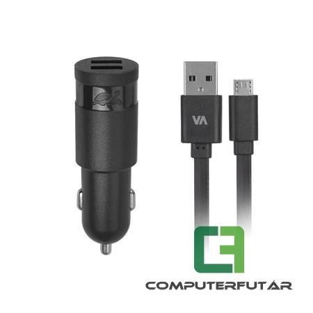 Rivacase VA 4222 BD1 fekete Autós töltő, 2 x USB, 2,4A, micro USB kábellel